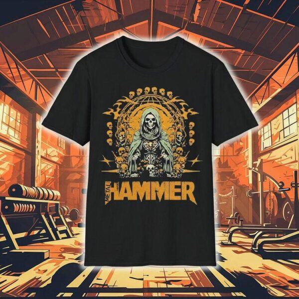 Grim reaper skull globe design metal hammer tshirt
