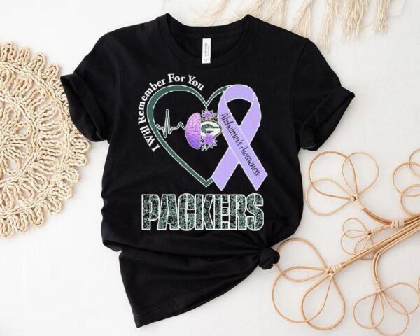 Green Bay Packers I Will Remember For You Alzheimer’s Awareness Heartbeat Brain Shirt