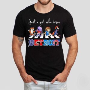 Just A Girl Who Loves Detroit Tigers Wings Lions Pistons Mascots Walking Across Shirt