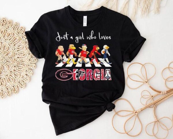 Just A Girl Who Loves Georgia Bulldogs Falcons Braves Atlanta Hawks Dream Mascots Walking Across Shirt