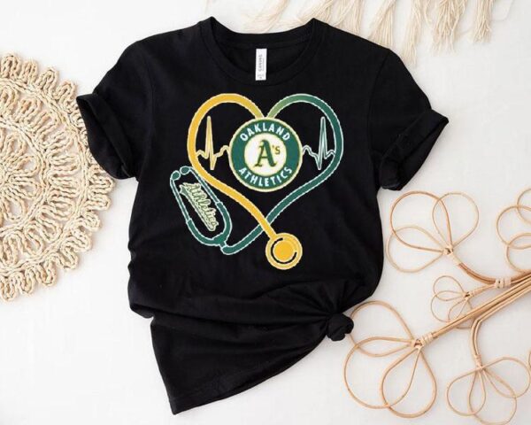 Oakland Athletics Caring Hearts Nurse Stethoscope Heartbeat Shirt