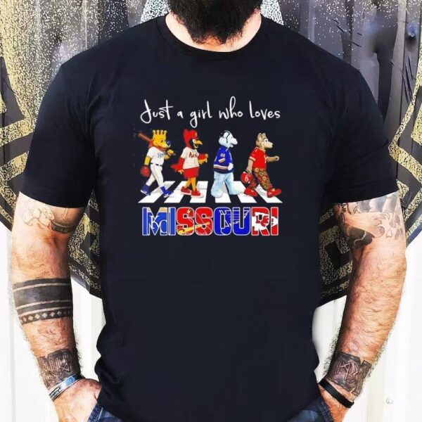Just A Girl Who Loves Missouri Royals St Louis Cardinals Blues Chiefs Mascots Walking Across Shirt