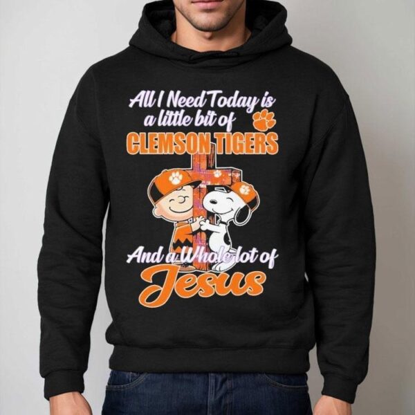 Snoopy And Charlie Brown The Peanuts All I Need Today Is A Little Bit Of Clemson Tigers And A Whole Lot Of Jesus Shirt