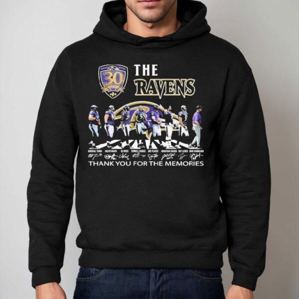 The Baltimore Ravens 30th Seasons 1996-2025 Thank You For The Memories Road Abbey Signatures Shirt