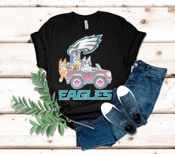 Bluey Characters Driving Philadelphia Eagles Logo Shirt