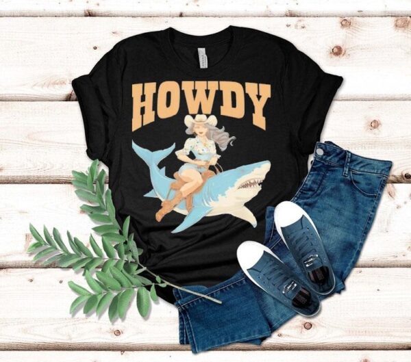 Cowgirl Riding Shark Rodeo Shirt