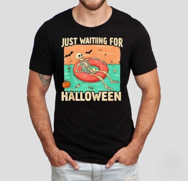 Just Waiting For Halloween Skeleton Pool Float Summerween Shirt