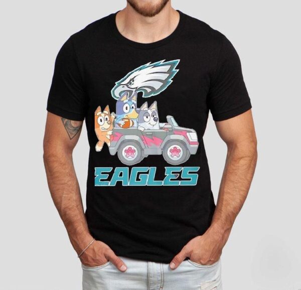 Bluey Characters Driving Philadelphia Eagles Logo Shirt