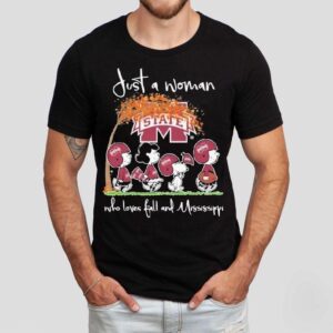 Snoopy The Peanuts Mississippi State Bulldogs Just A Woman Who Loves Fall And Mississippi Tshirt