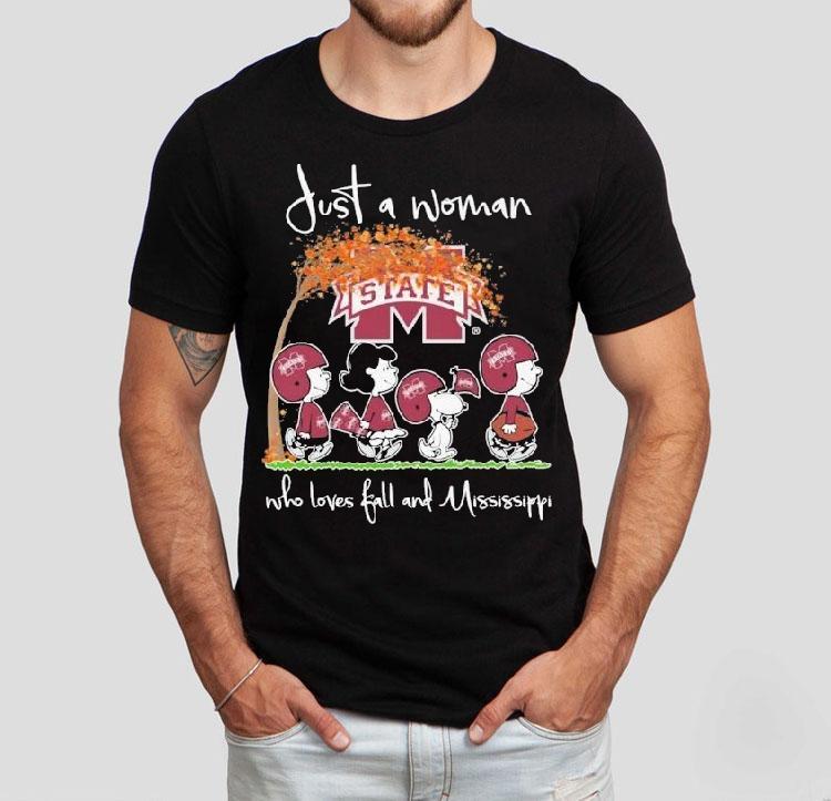  Snoopy The Peanuts Mississippi State Bulldogs Just A Woman Who Loves Fall And Mississippi Tshirt
