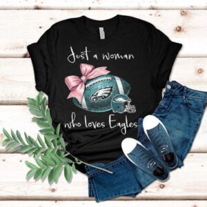 Just A Woman Who Loves Philadelphia Eagles Pink Bow Tshirt