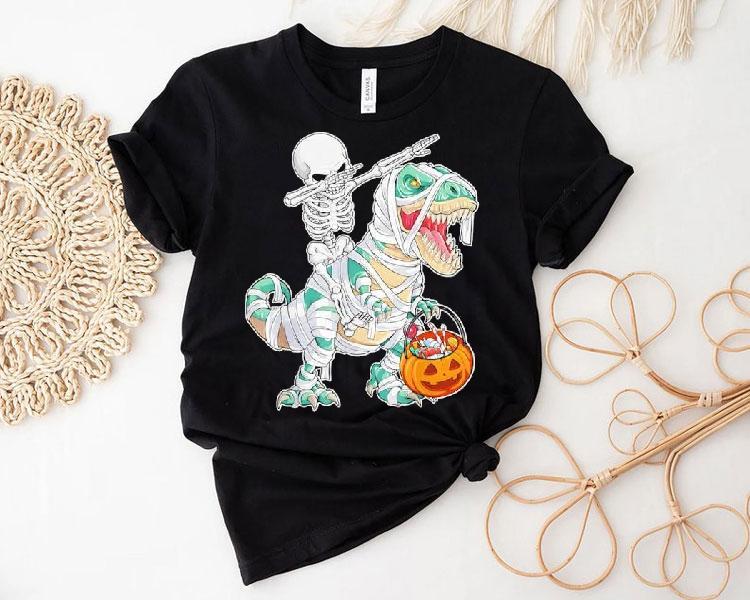  Skeleton Riding Dancing Dab Dinosaur Trex Halloween Tshirt