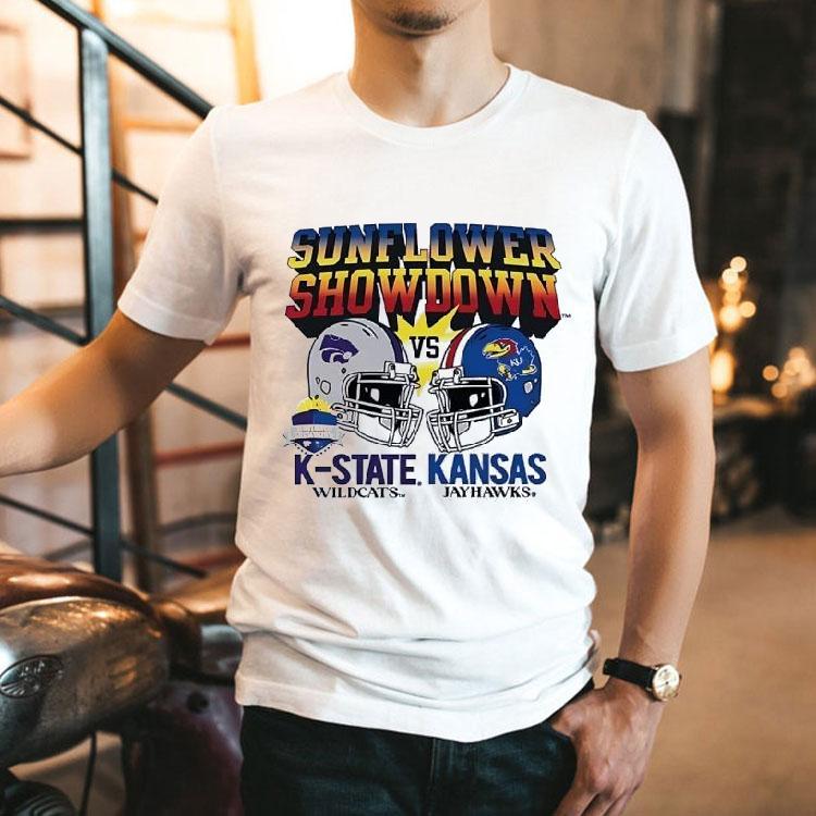 Sunflower Showdown K-state Wildcats Vs Kansas Jayhawks Football Helmet Shirt 2  Sunflower Showdown K State Wildcats Vs Kansas Jayhawks Football Helme Tshirt