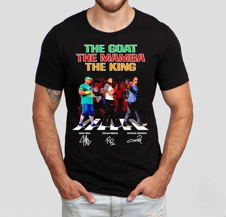 The Goat The Mamba The King As John Cena Roman Reigns Dwayne Johnson Walking Across Signatures Shirt 4 The Goat The Mamba The King As John Cena Roman Reigns Dwayne Johnson Walking Across Signatures Tshirt