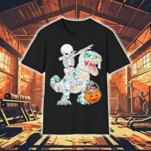 Skeleton Riding Dancing Dab Dinosaur Trex Halloween Tshirt
