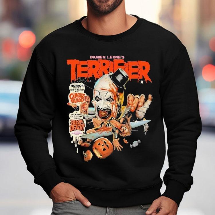 Damien Leone’s Terrifier X Horror From The Edge Of Insanity It’s A Circus Of Blood Trick Or Treat Death Shirt Damien Leone’s Terrifier X Horror From The Edge Of Insanity It’s A Circus Of Blood Trick Or Treat Death Shirt